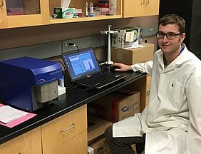 Dr Dylan Burger with his ZetaView particle characterization system from Particle Metrix 