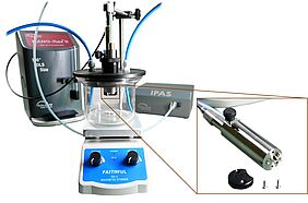 Measuring set-up for inline size measurement of the micelles (left: flow cell, right: IPAS measuring head) Measuring set-up for inline size measurement of the micelles (left: flow cell, right: IPAS measuring head)